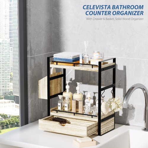 CeleVista 2-Tier Wood Bathroom Counter Organizer, Countertop Organizer with Drawer and Storage Basket, Bathroom Sink Organizer for Vanity, Skincare, Makeup, and Daily Essentials (Light Brown)