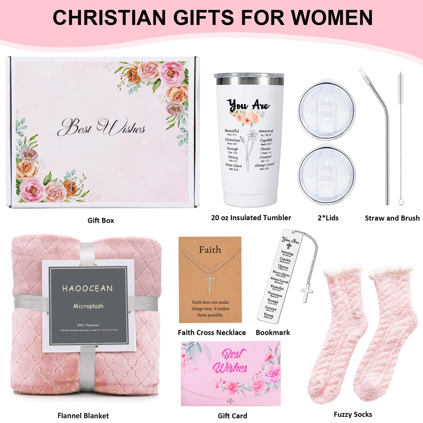 LUDUEIKSW Christian Gifts for Women, Inspirational Religious Gifts Basket, Faith Spiritual Tumbler Throw Blanket Set for Mom Grandma Wife Sister Friends Coworker