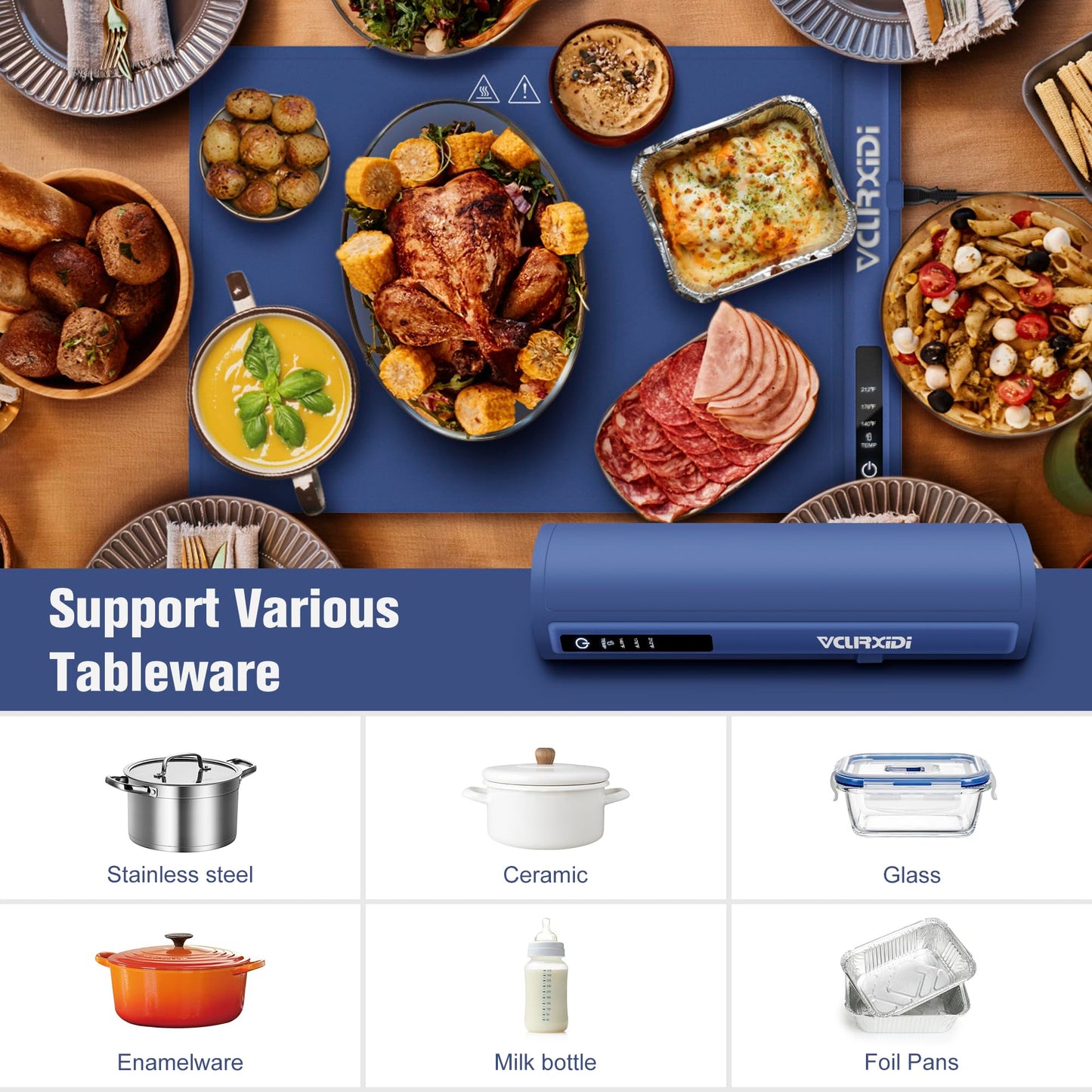 Warming Mat Electric Heating Tray: Silicone Food Warmer Foldable Warming Pad, 3 Temperature Settings Heating Mat for Parties, Buffets, Family Gatherings Blue