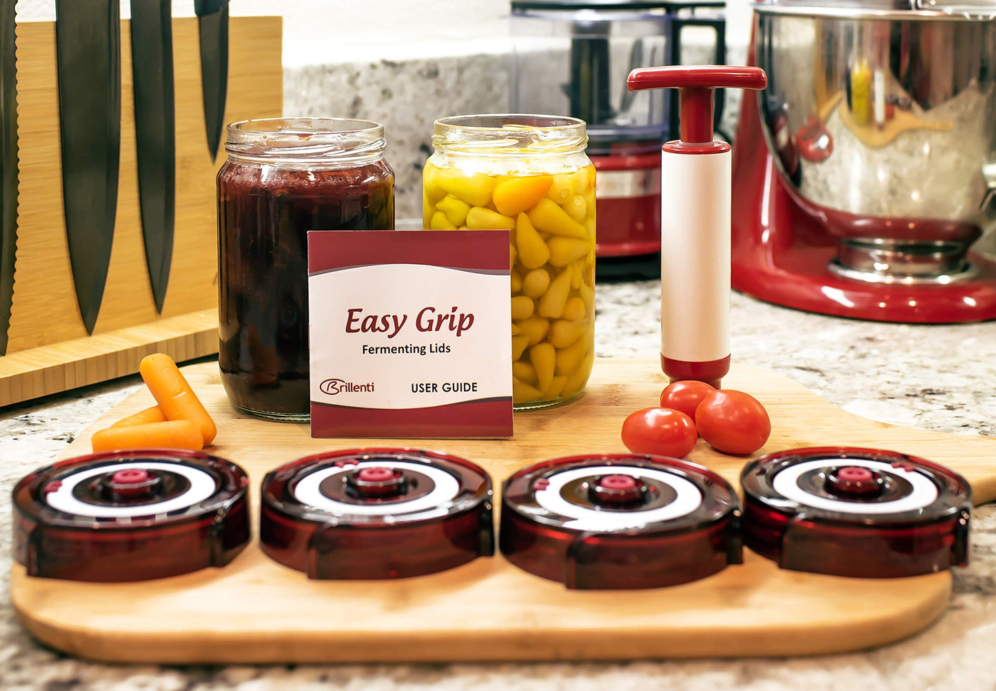 Fermenting Lids for wide mouth mason jars. 4 waterless airlock fermentation lids kit. Easy Grip fermenter lid with Oxygen Pump automatically Vents air. Tracks ferment date. (4 Lids + Pump)