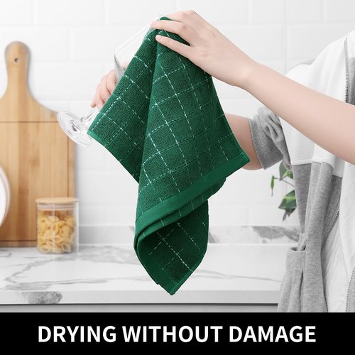Homaxy 100% Cotton Terry Kitchen Towels(Dark Green, 13 x 28 inches), Checkered Designed, Soft and Super Absorbent Dish Towels, 8 Pack