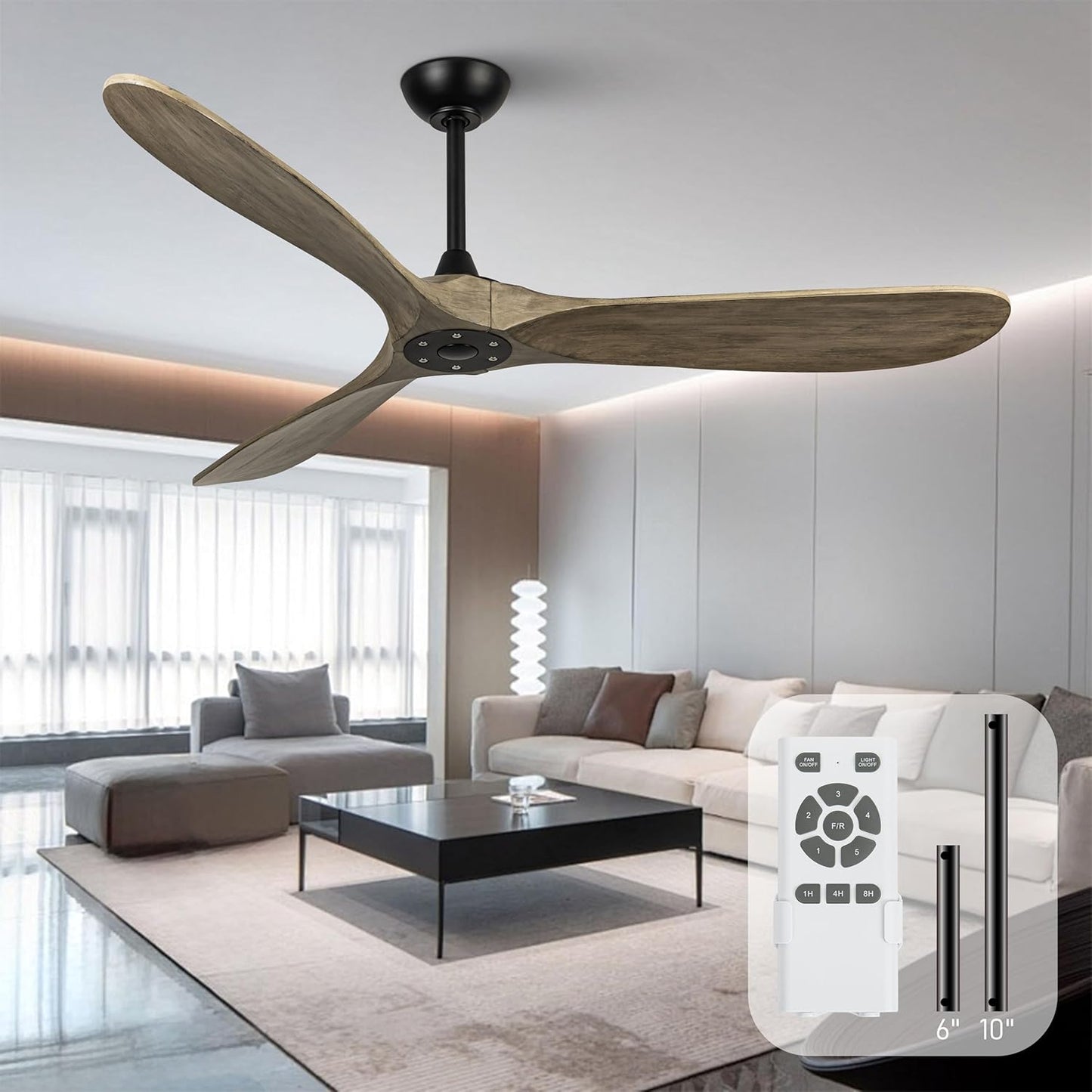 60 inch Ceiling Fans Without Lights, Wet Rated Outdoor Ceiling Fans with 3 Wood Blades, for Patios Outside Porch, Noiseless Reversible DC Motor and Remote, for Outdoor Indoor,Black