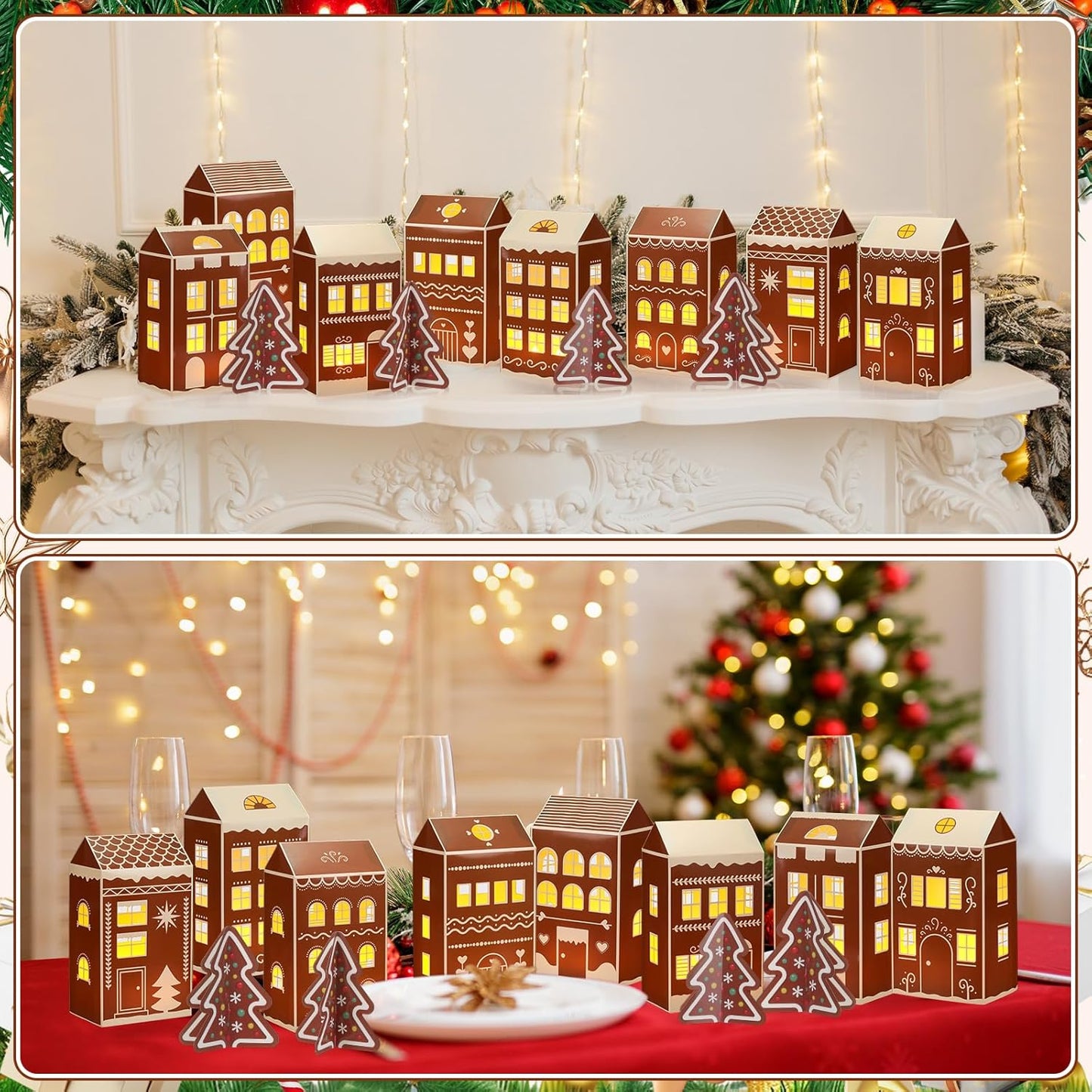 Reallnaive 20 Pcs Large 8" Christmas Cardboard Village Houses Set - DIY Gingerbread Decor with LED Candle