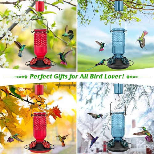 FEED GARDEN Glass Hummingbird Feeder - 16oz Outdoor Bird Feeder with Ant Moat & 4 Bee-Proof Ports