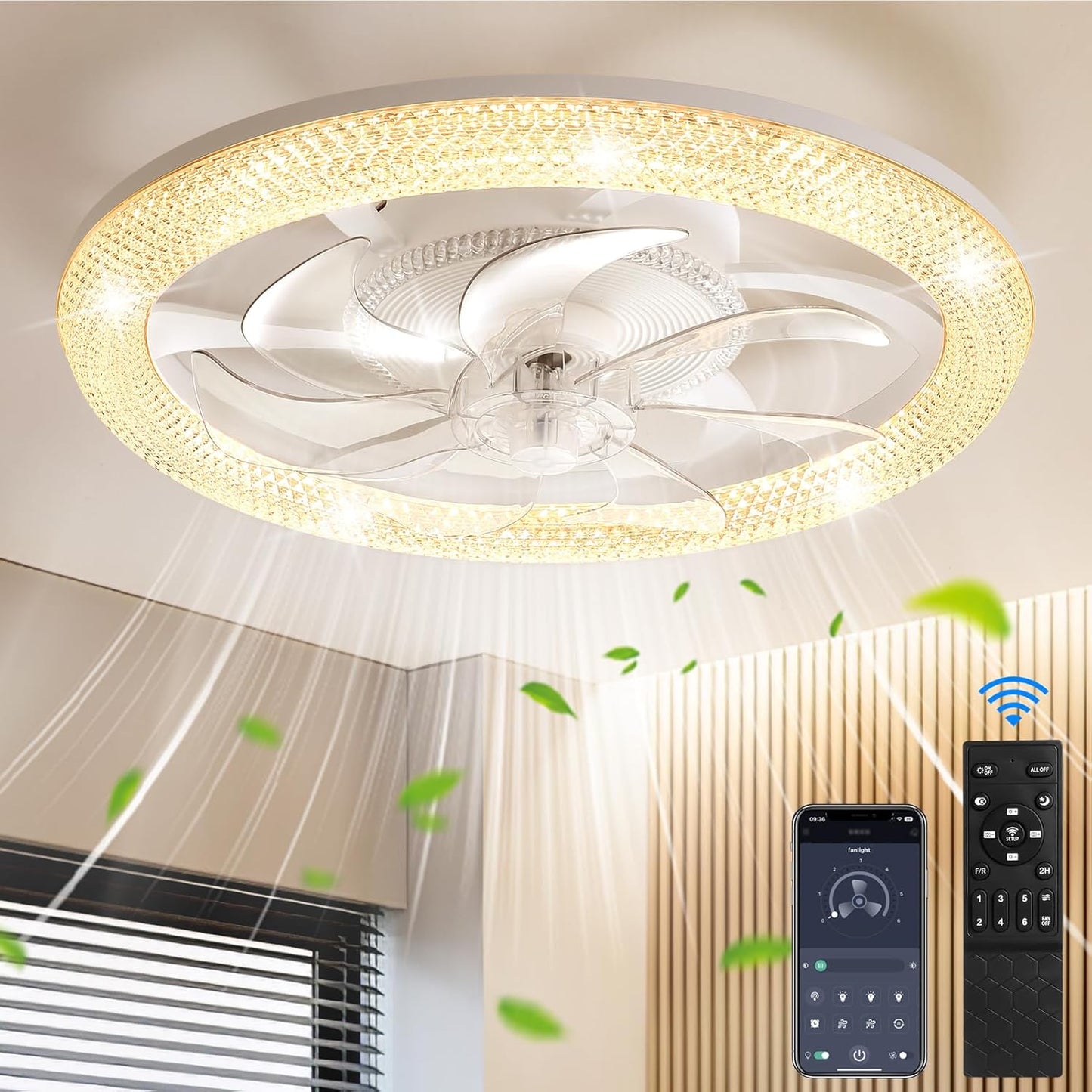 Led Smart Ceiling Fans with Light 19 Inch, Modern Ceiling Fan Lights with Remote Control, Reversible Fan/3 Color Temperature/6 Speed, Dimmable LED Fan Light with Timer for Living Room Bedroom