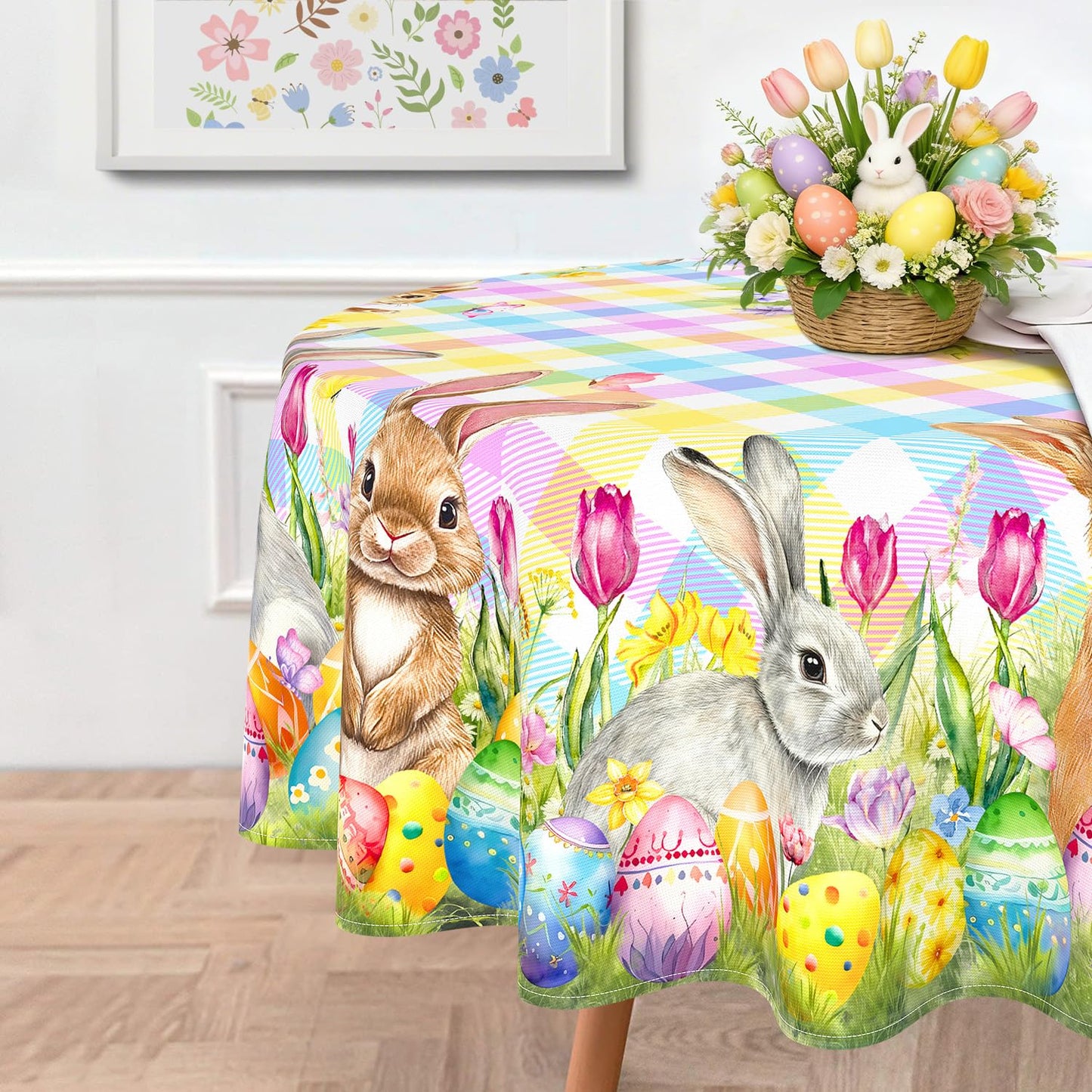 Kuyuayee Easter Bunny Round Tablecloth 60x60 Inch Waterproof Rabbit Eggs Tablecloths Washable Table Cloth for Spring Easter Party Picnic Dinner Home Decor