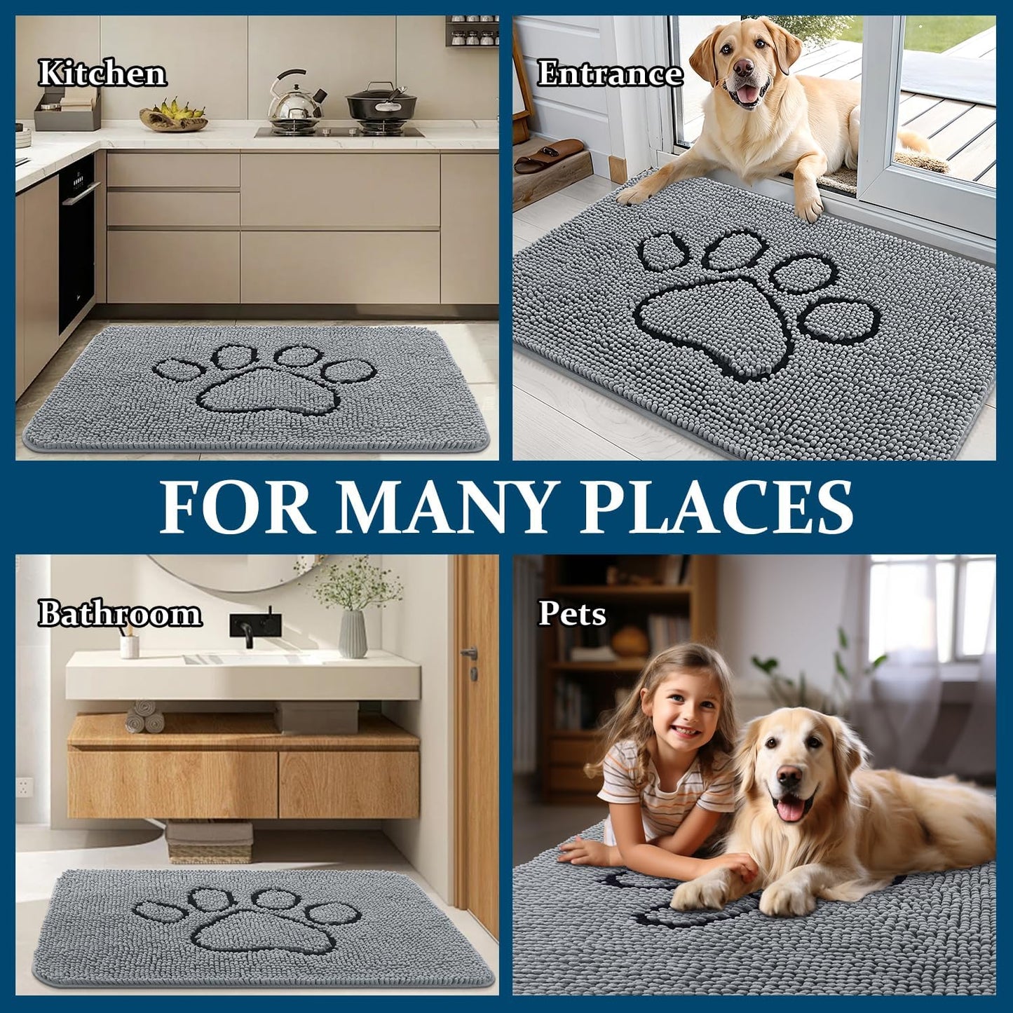 OLANLY Dog Door Mat - Absorbent Non-Slip Mud Mat for Paws | 47x24 Grey Chenille Design