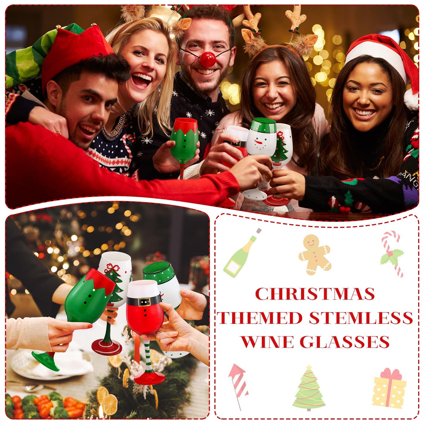 CPEGHDVM 4 Pcs Christmas Wine Glasses 16.8 Oz Set Santa Belt Snowman Drinking Goblets Cups Xmas Hand Painted Wine Cup Glass for Home Bar Diner Birthday Wedding Christmas Party Favors