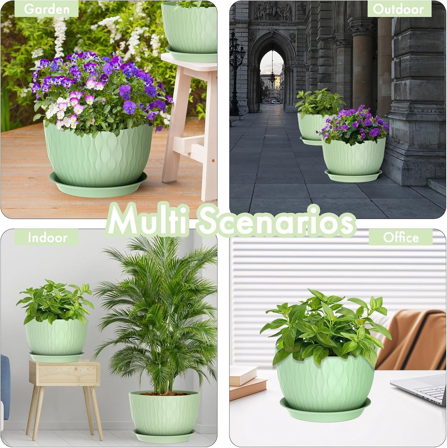 WSMKSZ 12-Inch Large Plant Pots - Stylish Water Ripple Design with Drainage Holes & Saucer | Green Planters for Indoor & Outdoor Use
