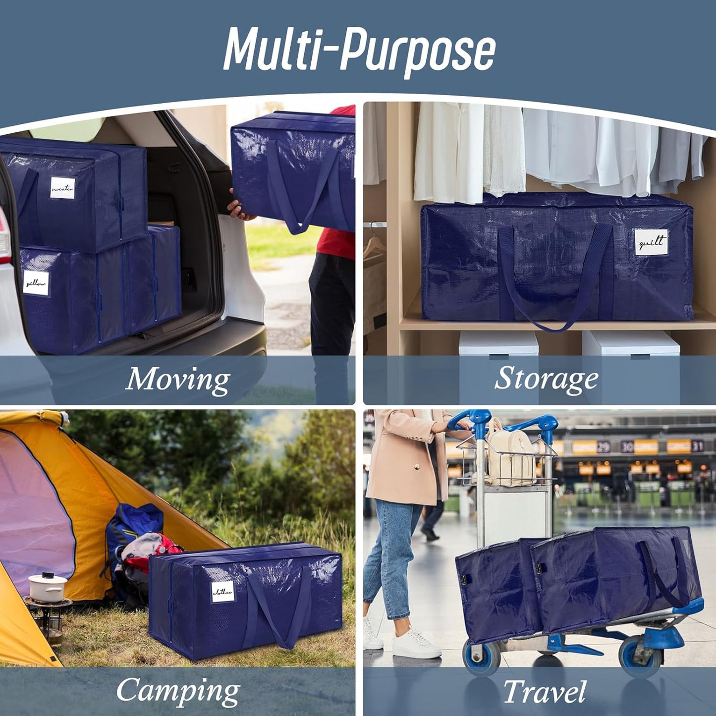 Skiennix Extra Heavy Duty Moving Bags - Sturdy Storage Totes with Strong Zipper & Comfortable Handles | 6 Pack, Dark Blue