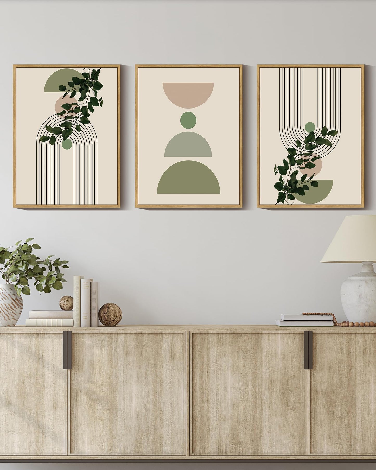 Drsoum 11x14in Green Botanical Boho Wall Decor Framed Modern Sage Bohemian Wall Art Abstract Geometry Canvas Prints Ready to Hang Brown Framed