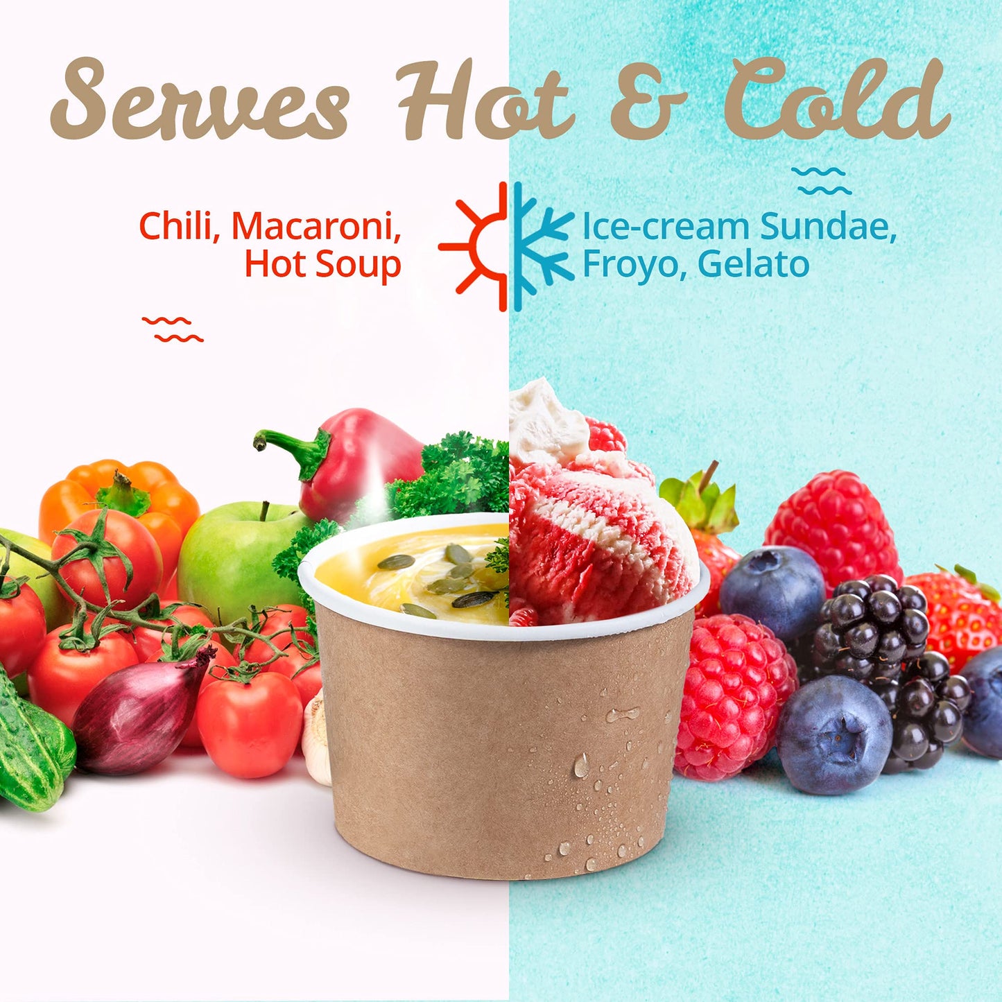 MATICAN Paper Ice Cream Cups - 100-Count 9-Oz Disposable Dessert Bowls for Hot or Cold Food, 9-Ounce Party Supplies Treat Cups for Sundae, Frozen Yogurt, Soup, Brown