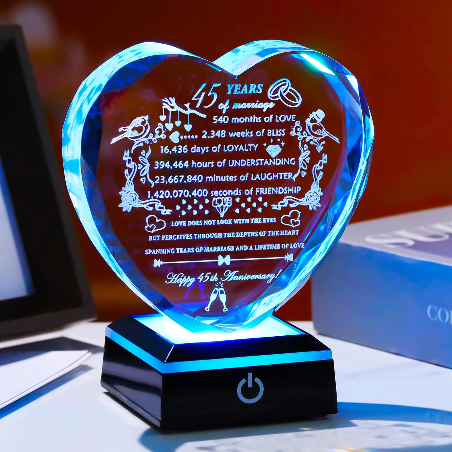 YWHL 45th Wedding Anniversary Crystal Gifts with Colorful LED Base Engraved Happy 45th Anniversary Heart Keepsake Gift for Couples Parents Romantic 45 Years of Marriage Gifts for Wife Husband