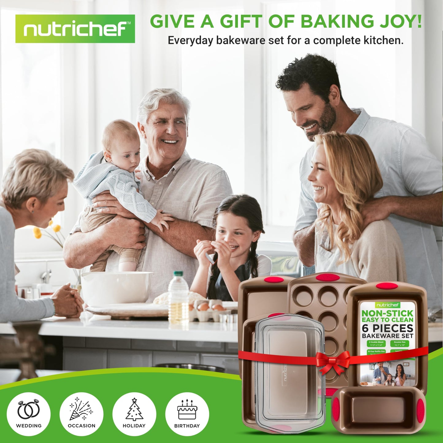 NutriChef 6-Piece Baking Pan Set - PFOA, PFOS, PTFE Free Flexible Nonstick Golden Coating Carbon Steel Bakeware - Professional Home Kitchen Bake Cookie Sheet Stackable Tray w/Red Silicone Handles