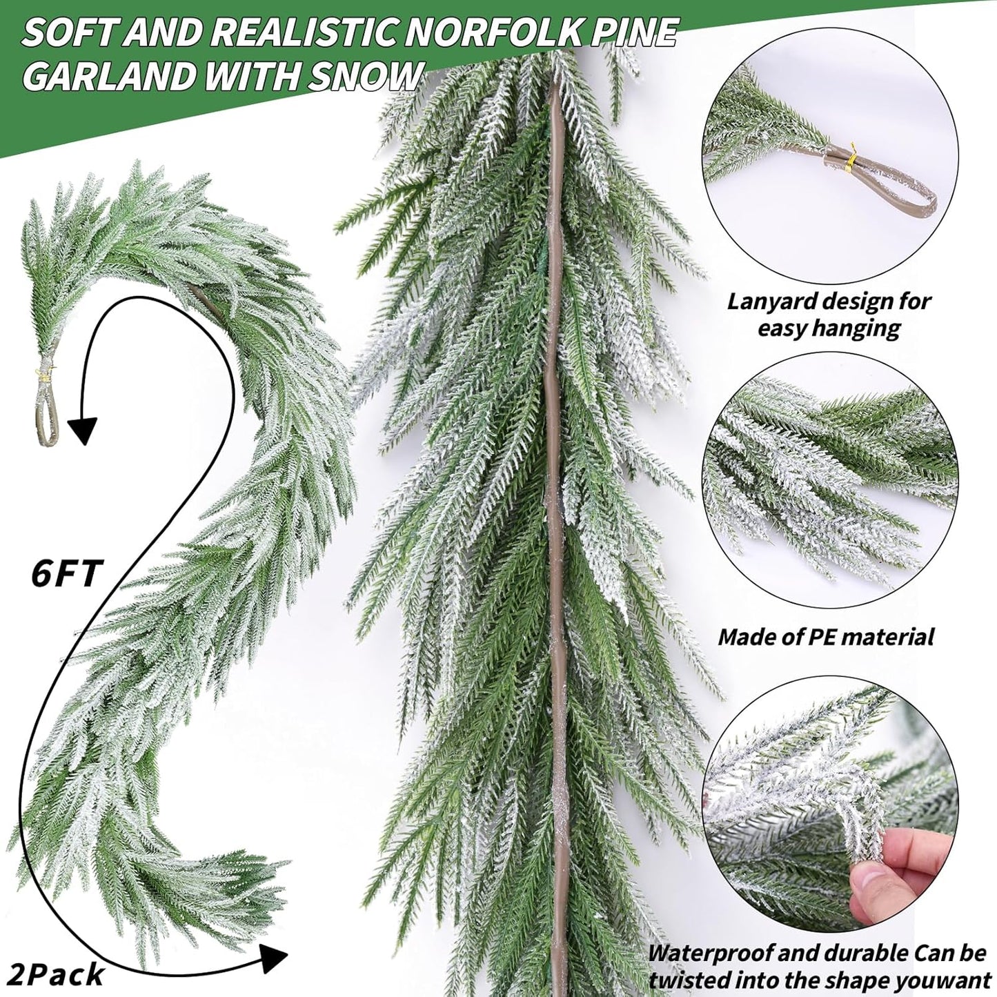 Snow Flocked Norfolk Pine Garlands, 108 Inch Real Touch Winter Pine Garland, Green Artificial Greenery Garland for Table, Mantle, Wall, Indoor, Outdoor Christmas Decorations