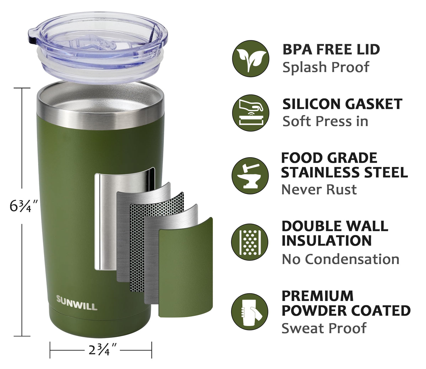 SUNWILL Travel Coffee Tumbler 20 oz, Insulated Mug with Lid, Stainless Steel Cup for Outdoor, Powder Coated Olive