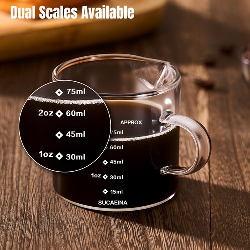 gegewawa Espresso Cups Set of 2 with Handle, 2.5 OZ Double Spout Espresso Shot Cups Glass Measuring Cup with Dual Scale, Espresso Shot Glass with V-Shaped Mouth, Espresso Accessories