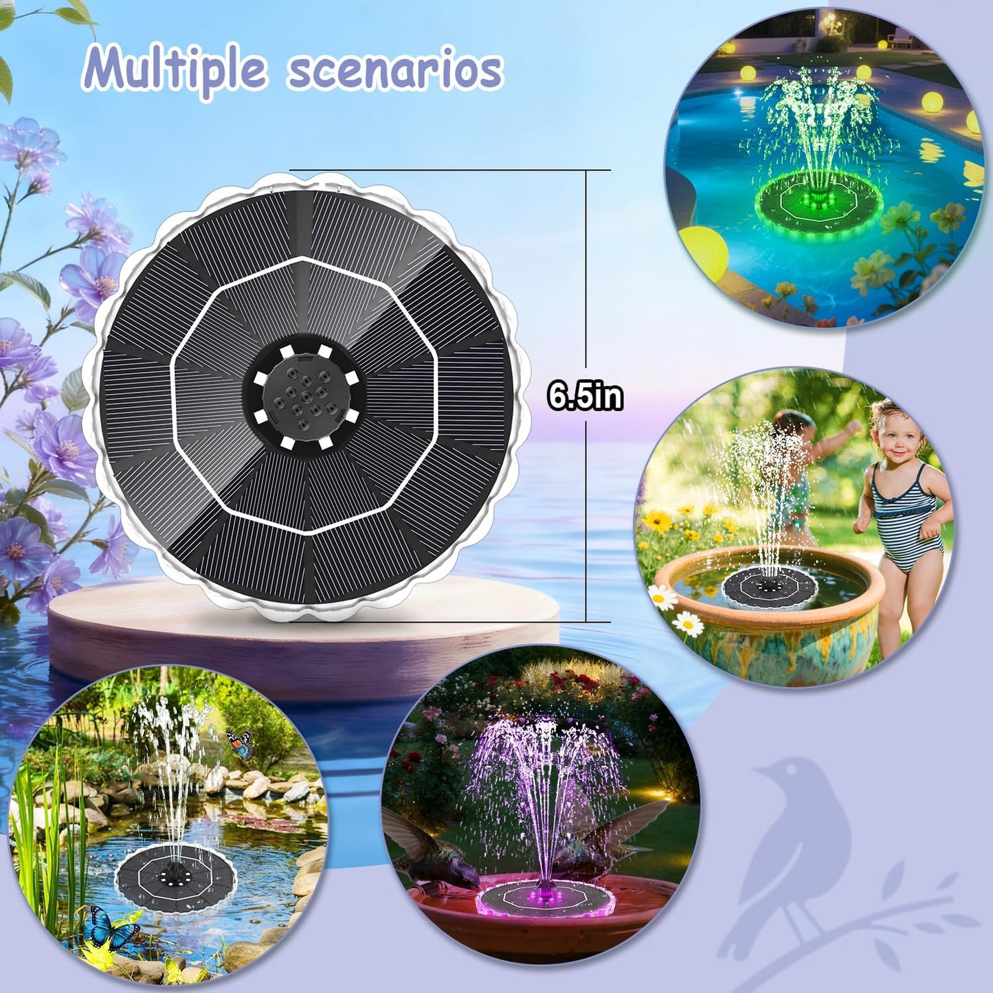 Yzert Solar Fountain - Colorful Ring Lights & 3.5W Pump with 2000mAh Battery | Ideal for Bird Baths, Ponds, Pools