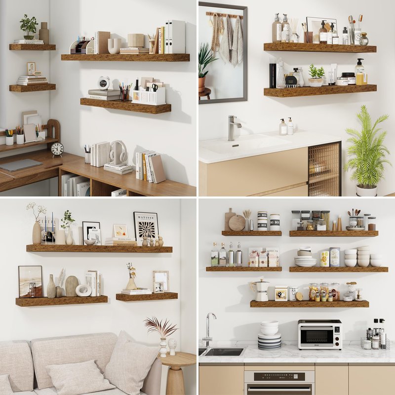 fuqing Floating Shelves for Wall, Wall Mounted Wood Floating Shelf with Invisible Brackets for Living Room, Bathroom, Bedroom, Kitchen Storage and Decor, 36 Inch Set of 2, Rustic Brown