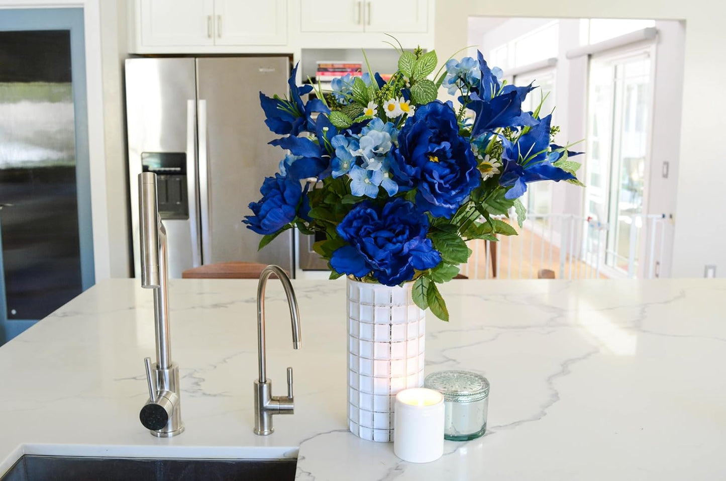 24-Stem Artificial Flower Arrangement - Mixed Roses & Carnations for Indoor/Outdoor Wedding & Home Decor - Spring Faux Flowers in Blue