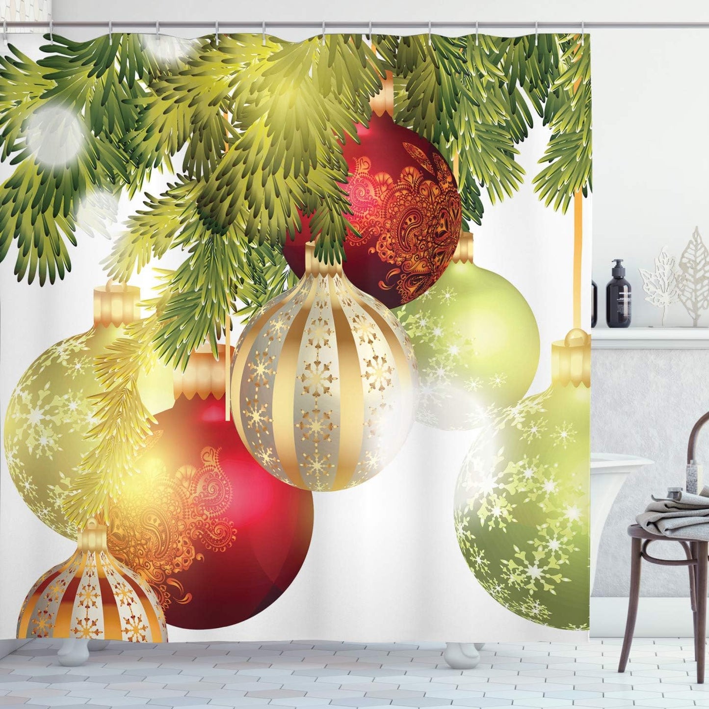 Christmas Shower Curtain with Baubles Motif - Festive Winter Bathroom Decor, 69" x 70" with Hooks
