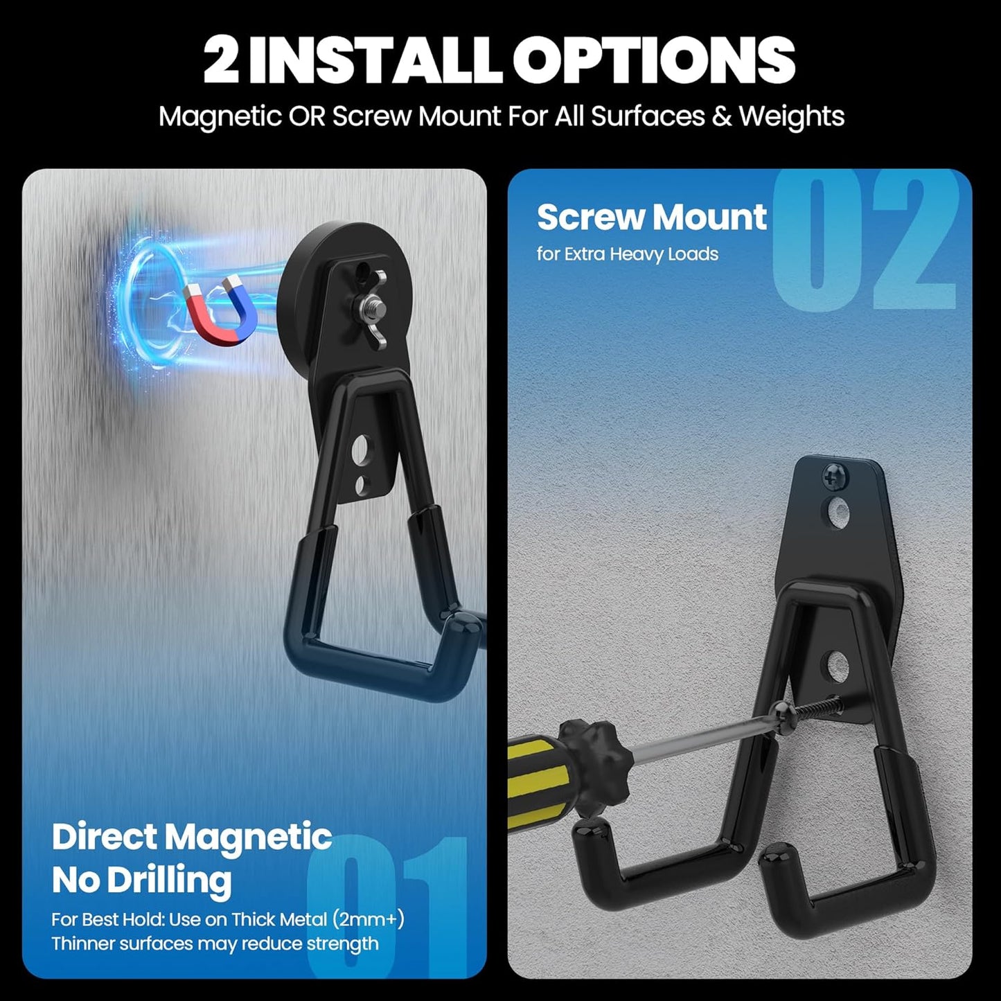 Skiennix Heavy Duty Magnetic Hooks - Extra Strong NdFeB Magnet Utility Holders | 2 Pcs with Anti-Slip Coating