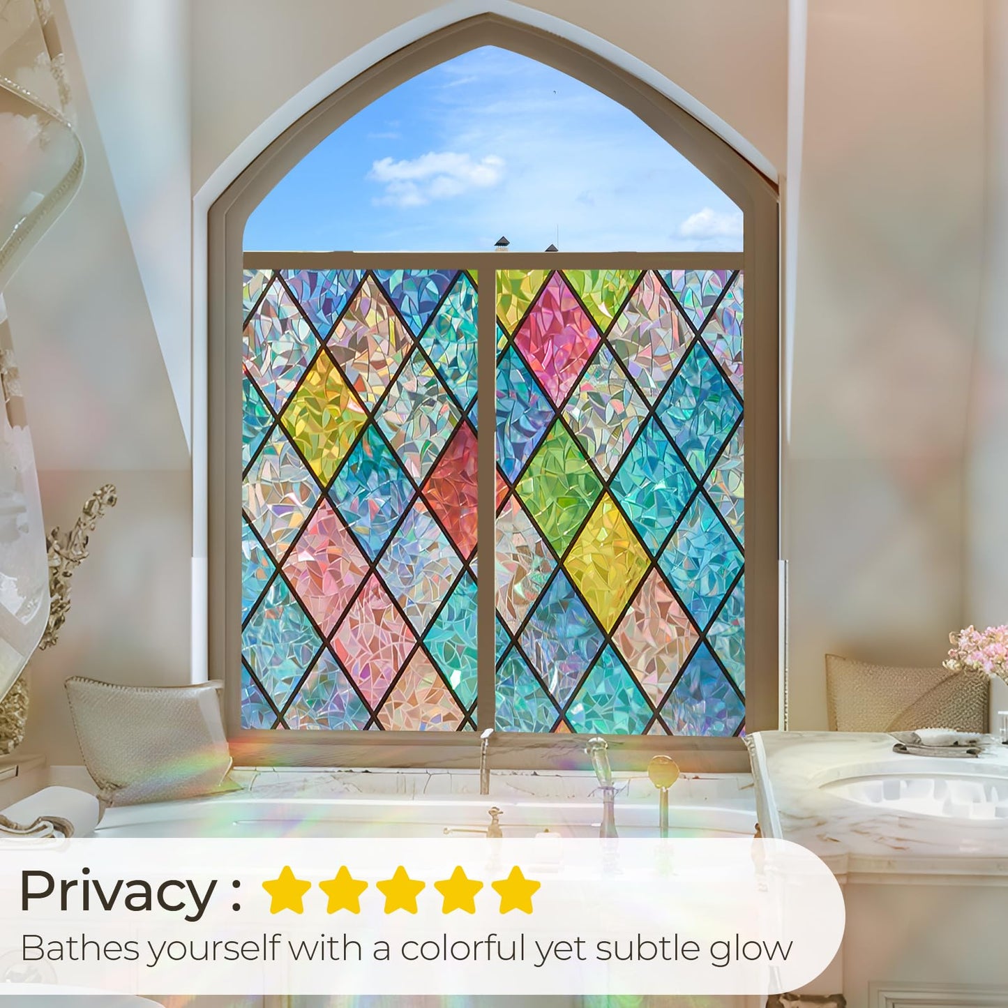 Windimiley Stained Glass Window Privacy Film:3D Rainbow Floral Decorative Frosted Static Cling Bathroom Heat Control Sun Blocking Window Sticker Non Adhesive Door Window Covering(23.6 x78.7in,Lattice)