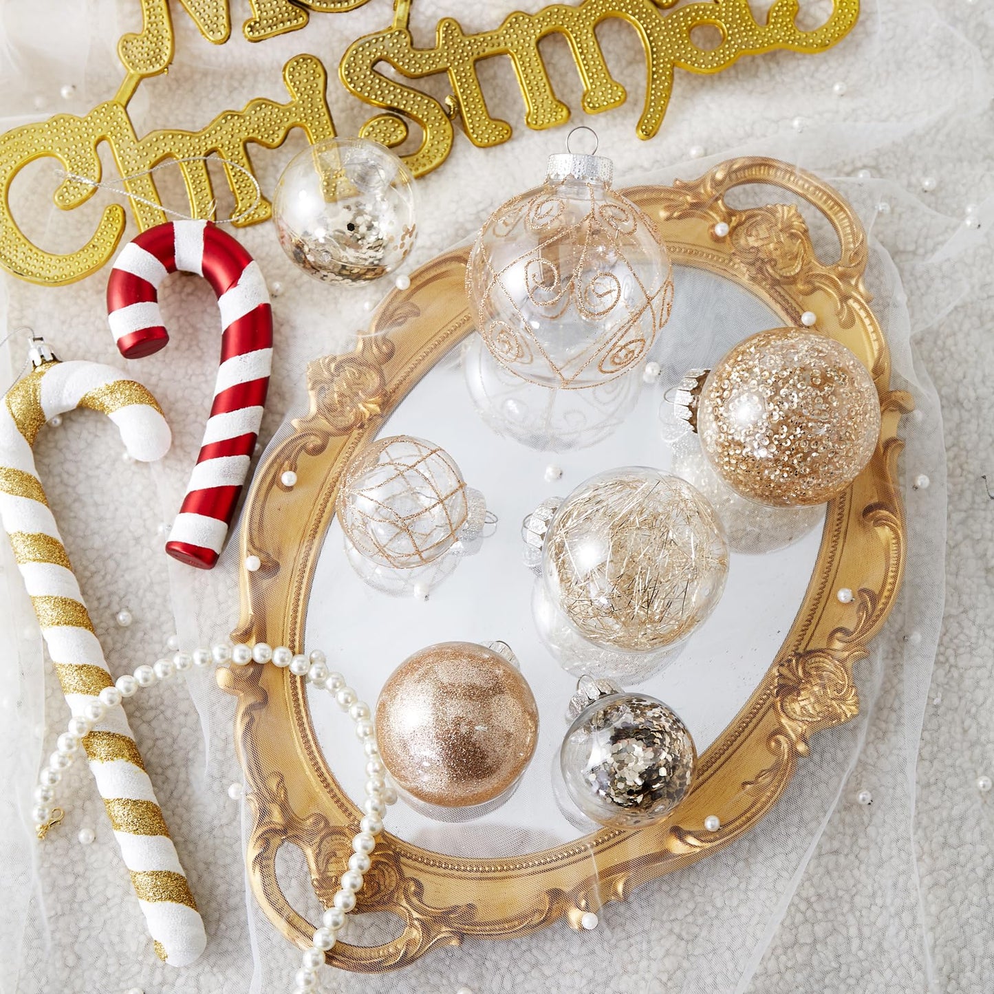 Wironlst Christmas Ball Ornaments Shatterproof Clear Large Plastic Hanging Ball Decorative Baubles Set with Stuffed Delicate Decorations (Multi-Size, Champagne)
