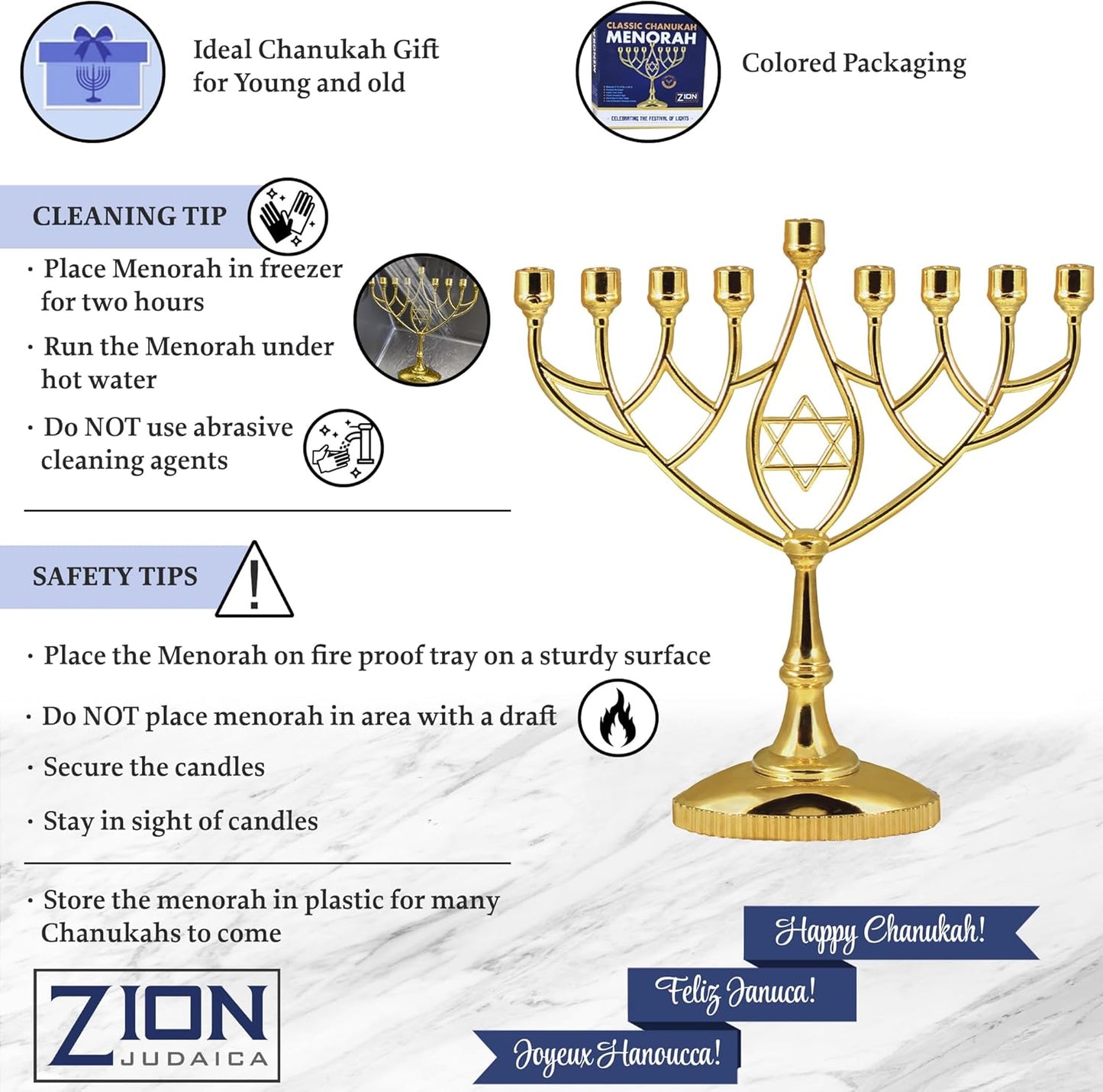 Silver Plated Geometric Hanukkah Menorah - 9" Classic Chanukah Candle Holder by Zion Judaica