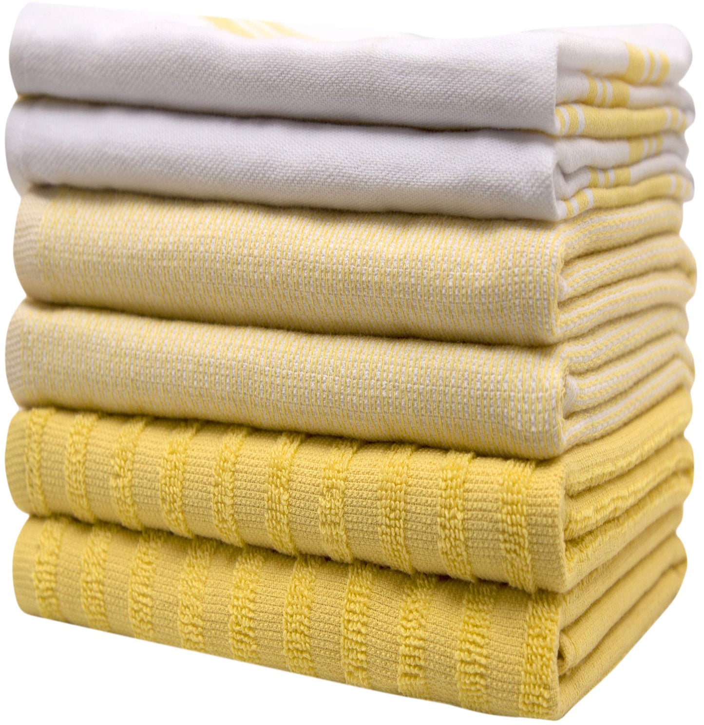 Premium Kitchen Towels (20”x 28”, 6 Pack) | Large Cotton Dish Towels | Flat & Terry Highly Absorbent Kitchen Linen Set with Hanging Loop | Wide Stripe Yellow