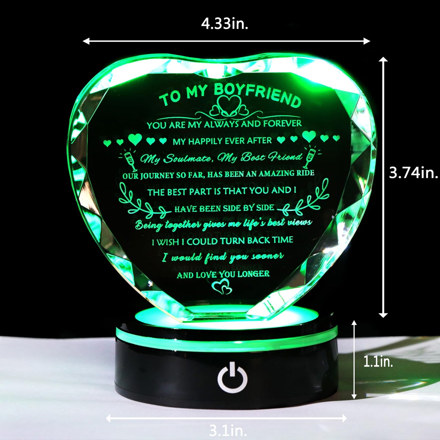 YWHL Gifts for Boyfriend with Colorful LED Base Unique Boyfriend Birthday Gift Ideas from Girlfriend Romantic Heart Crystal Keepsakes to My Boyfriend Gifts for Anniversary Christmas Valentine Day