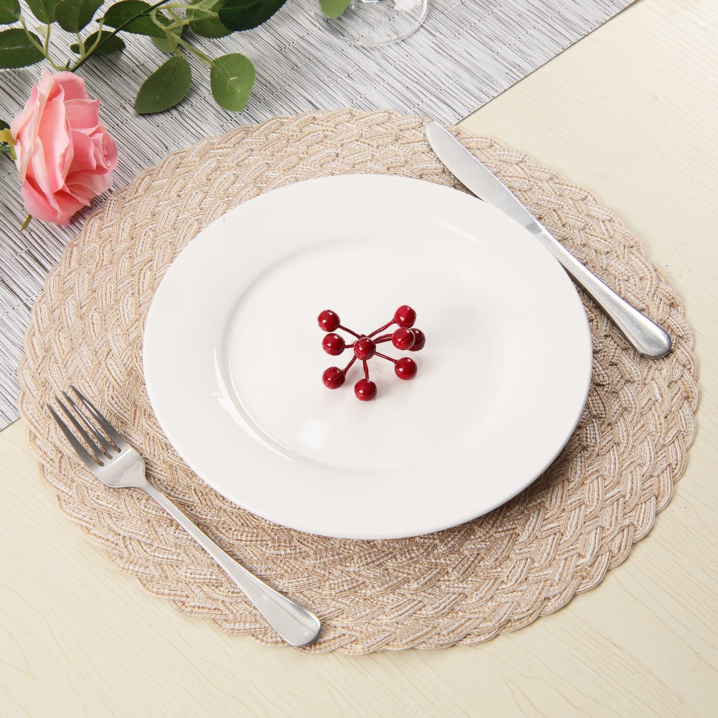 SHACOS Round Braided Placemats 15 inch Set of 6 Thick Boho Kitchen Table Placemats for Home Wedding Party (T-Beige, 6)