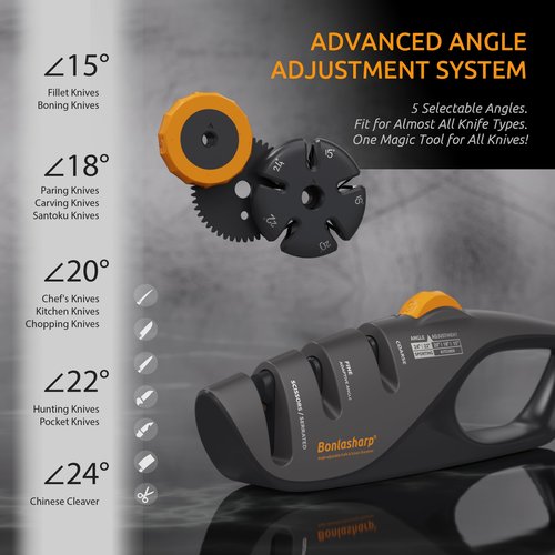 Bonlasharp 5-Angle Adjustable Knife Sharpener for Kitchen, Scissors & Pocket Knives – Precision 15°-24° Sharpening, Coarse & Fine Slots, Non-Slip Base, Ergonomic Handle, Safe & Easy to Use