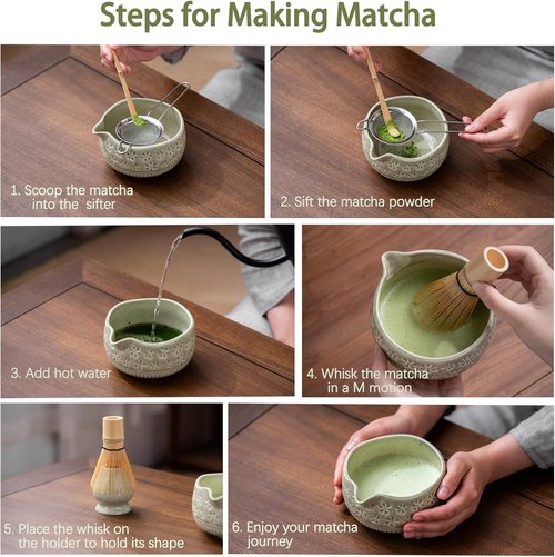 Buucup Matcha Whisk Set - Complete 7-Piece Ceramic Kit with Bowl, Whisk, Scoop & More | Mottled Green
