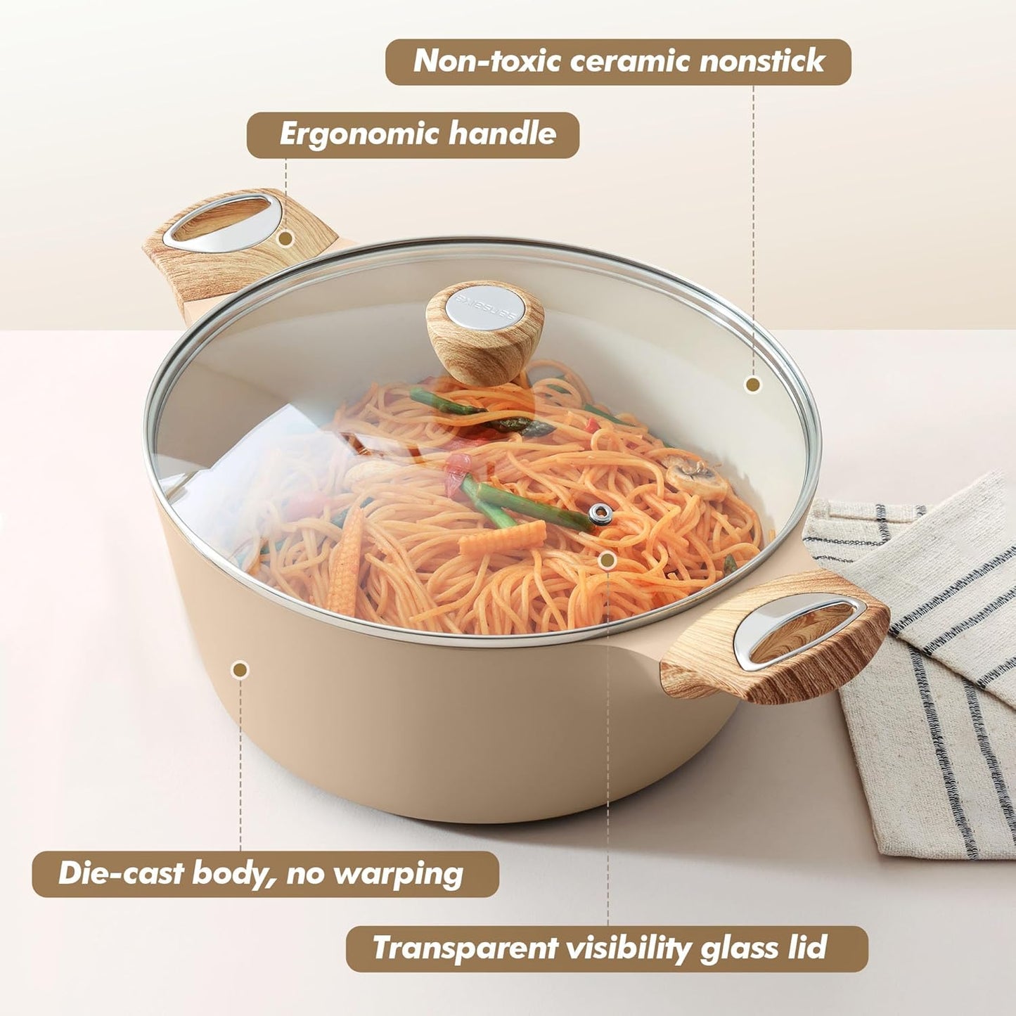 SENSARTE Nonstick Ceramic Stock Pot - Healthy 2.6/4.5/6.6/8.5 QT Soup & Casserole Pot | Induction Compatible, Taupe
