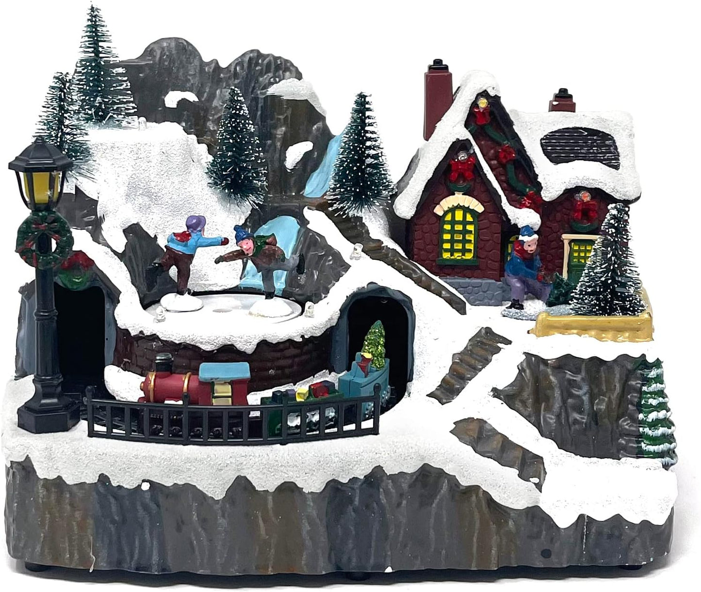 allgala Christmas Village House Crafted Polyresin Christmas House Collectable Figurine with USB and Battery Dual Power Source-Moving Train and Santa-XH93447