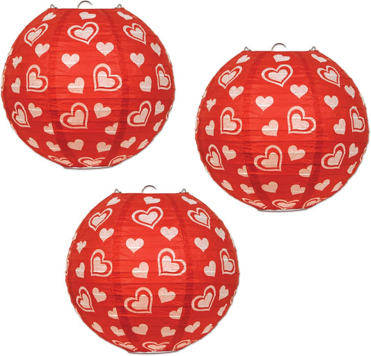 Red & White Heart Paper Lanterns - 9.5-Inch Decorative Party Lights