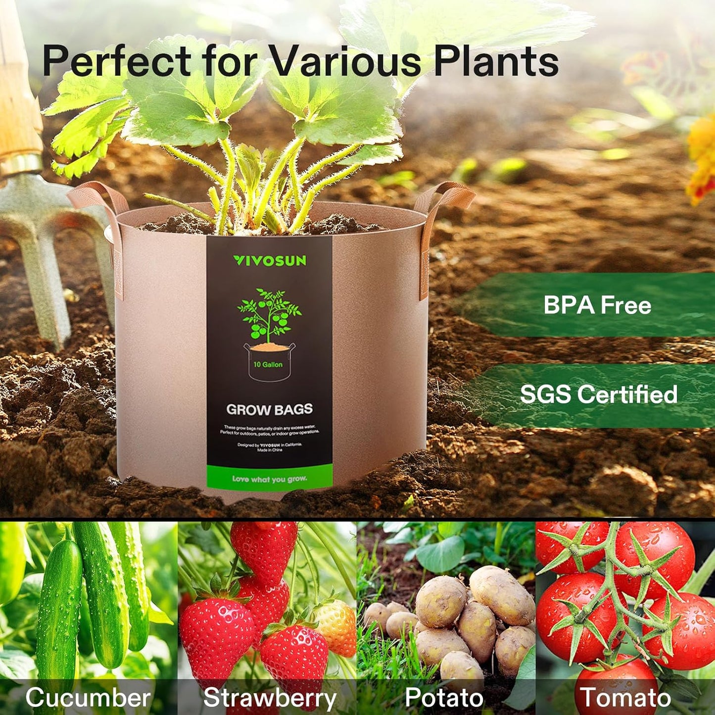 VIVOSUN 10 Gallon Grow Bags - Heavy Duty Nonwoven Fabric Pots with Strap Handles | 5-Pack, Tan