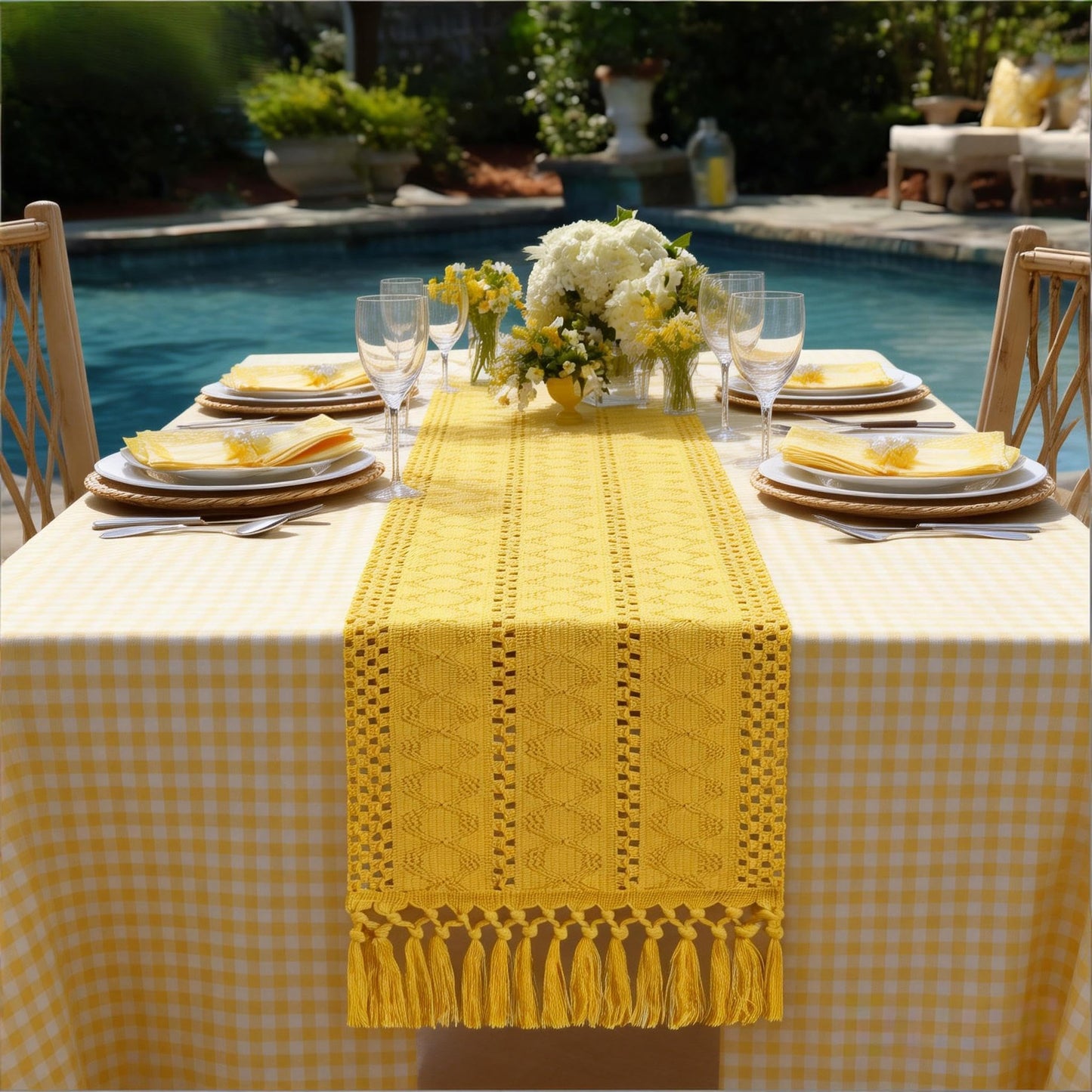 Socomi Boho Table Runner Easter Spring Farmhouse Rustic Dining Kitchen Centerpiece Decor Small Macrame Woven Cotton Linen Coffee Table Runner for Dresser Scarf Home Decor 12x72 in Yellow Gold