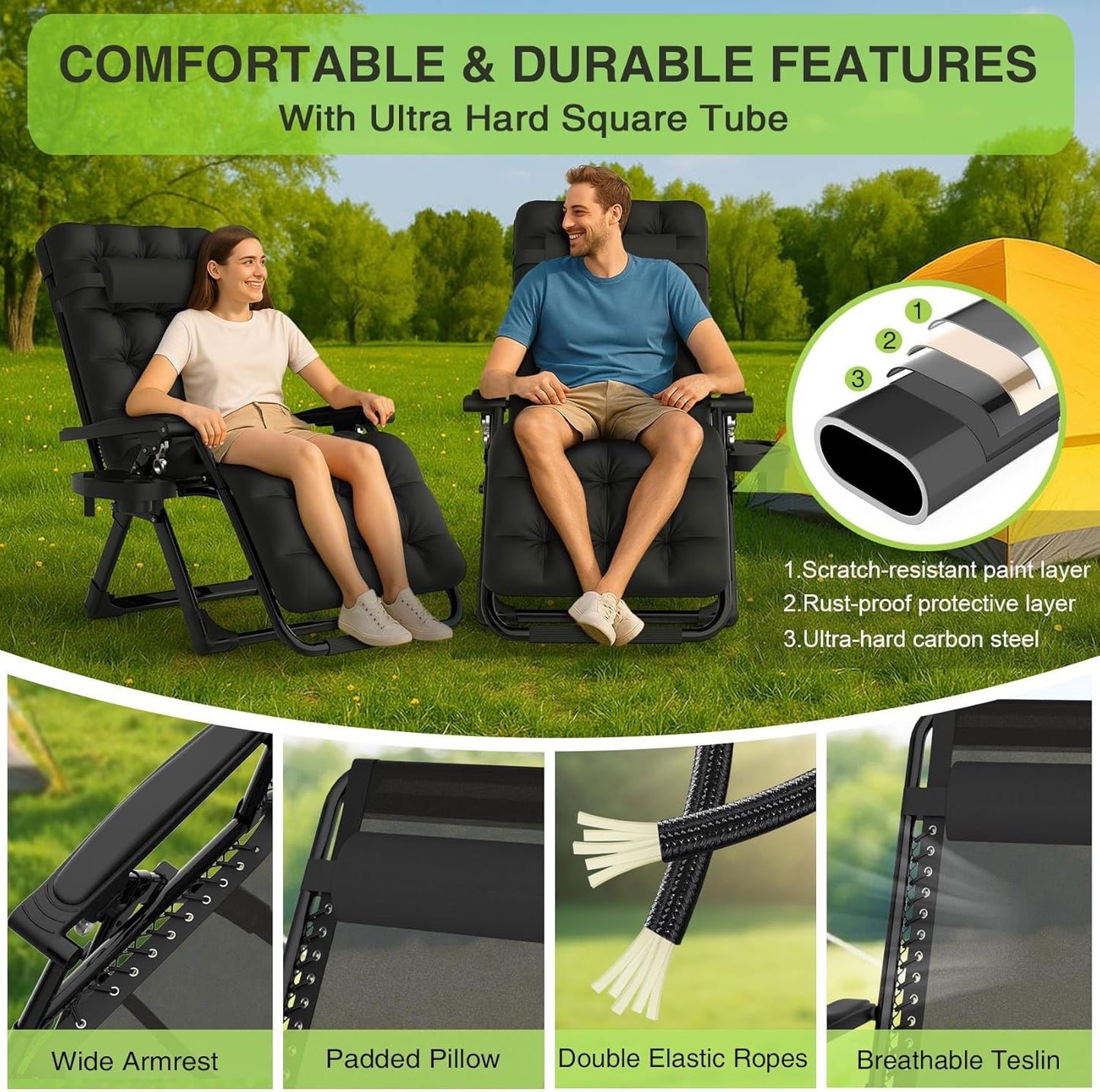 Suteck Zero Gravity Chairs - Set of 2 Reclining Lounge Chairs with Removable Cushions & Cup Holders