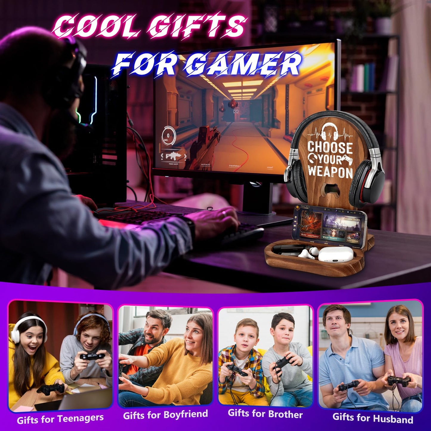 Gamer Gifts for Teenage Boys, Gaming Christmas Birthday Gifts for Men Son Boyfriend Husband Game Lover, Gamer Room Decor for Man, Wood Headset Stand for Gaming Desk Decor -Choose Your Weapon