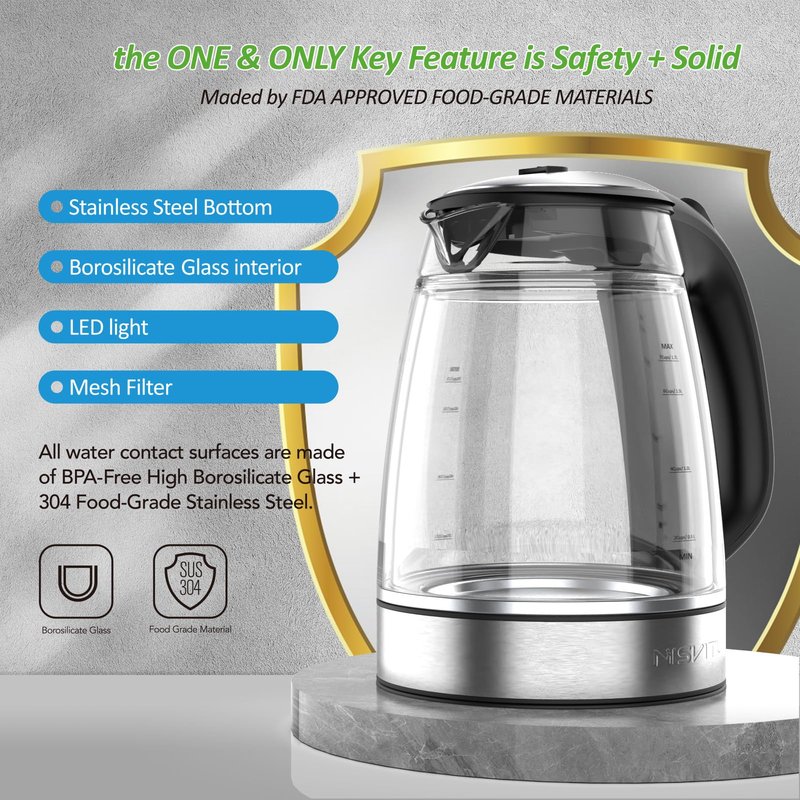NISVITU Glass & Stainless Steel Cordless Electric kettle for boiling water, Hot water boiler Electric Tea Kettle automatic shut off Boil-Dry Protection, PC Outer + Glass Inner, 1500W, 1.7L, BK