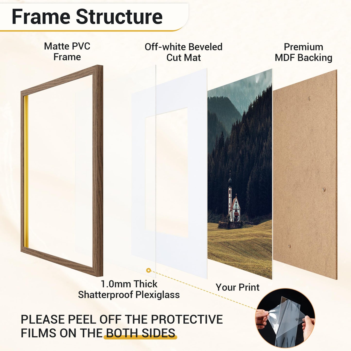 Acovy 16x16 Picture Frame, 16x16 Square Picture Frame for Wall, 16x16 Frame Matted to 12x12, 16x16 Photo Frame with High Definition Plexiglass (Walnut, 1 Pack)