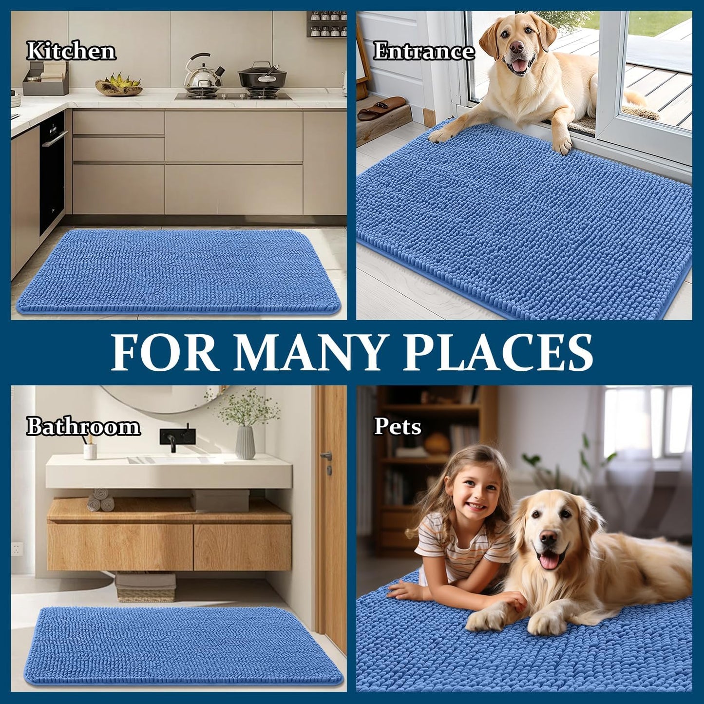 OLANLY Dog Door Mat - Absorbent Non-Slip Washable Doormat for Muddy Paws | 70x24 Cornflower Blue