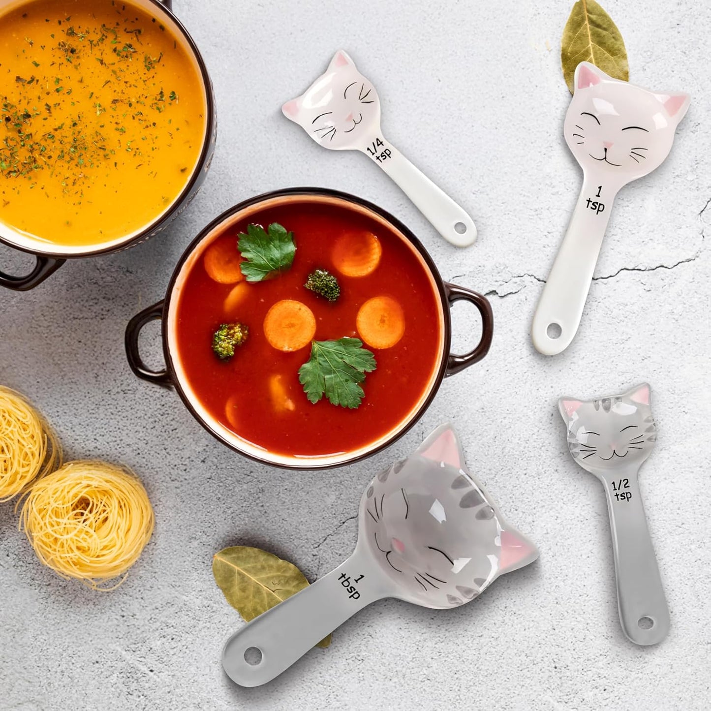 Cat Shaped Ceramic Measuring Spoons Set of 4 - Perfect Gift for Cat Lovers - Functional Kitchen Decor in White & Gray