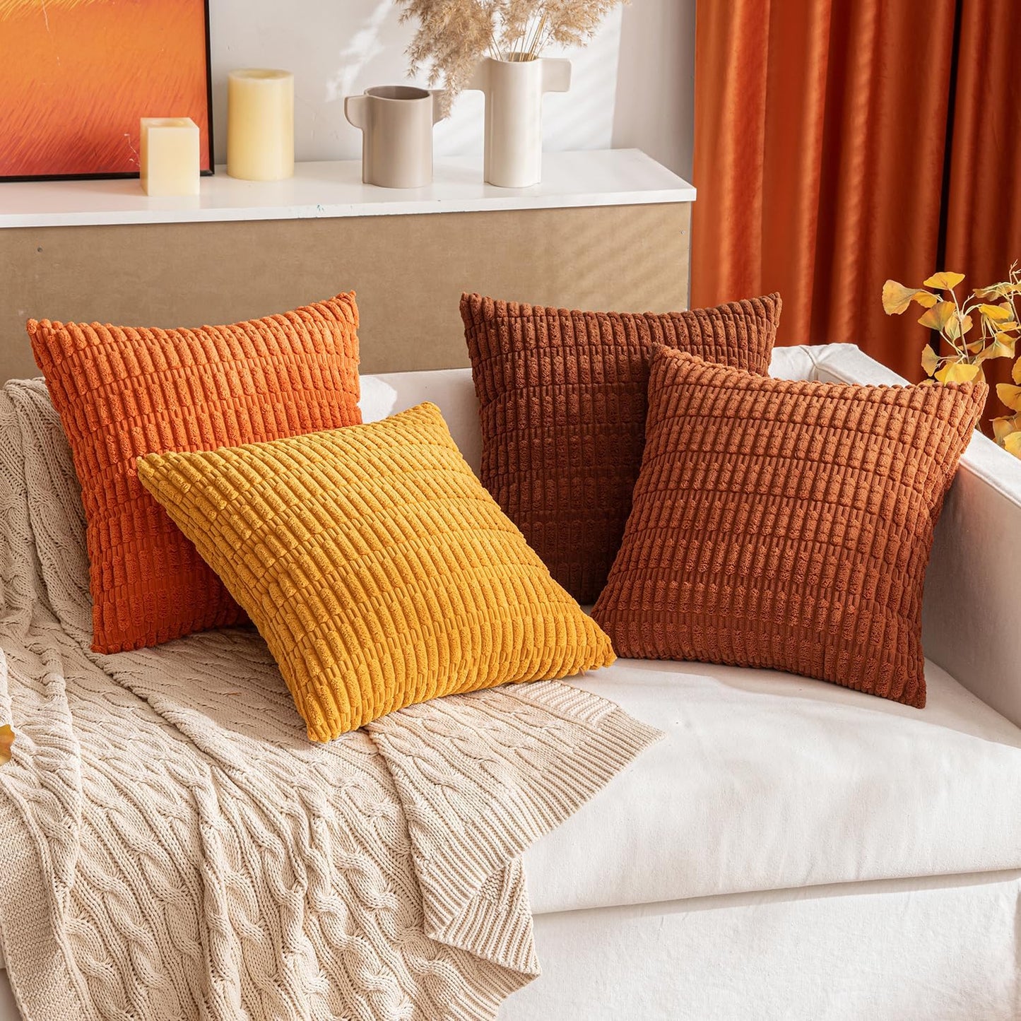 MIULEE Decorative Pillow Covers - Soft Dark Rust Corduroy | Set of 2, 16x16 Inch Boho Striped Design for Modern Farmhouse Decor