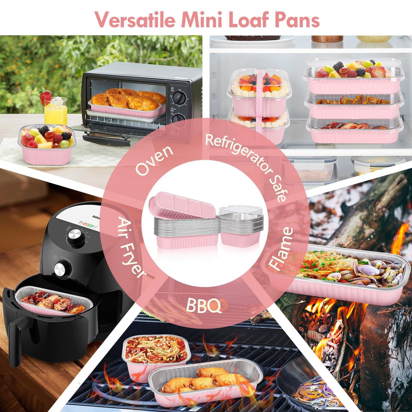 YQER Mini Loaf Pans with Lids for Baking Bread Disposable, Mini Baking Pans with Lids and Spoons Pink Sticker, 50 Pcs 6.8oz Mini Foil Cake Pans, 30pcs 10oz Mini Aluminum Square Baking Cups with Lids