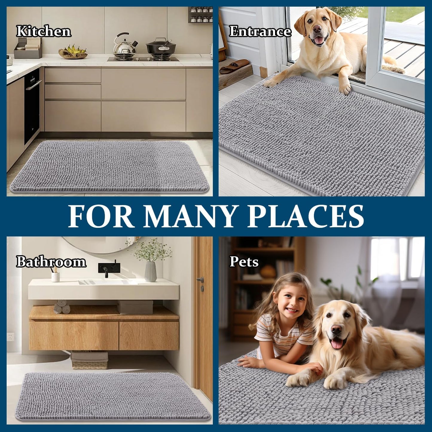 OLANLY Dog Door Mat - Absorbent Non-Slip Washable Doormat for Muddy Paws | 50x30 Light Grey
