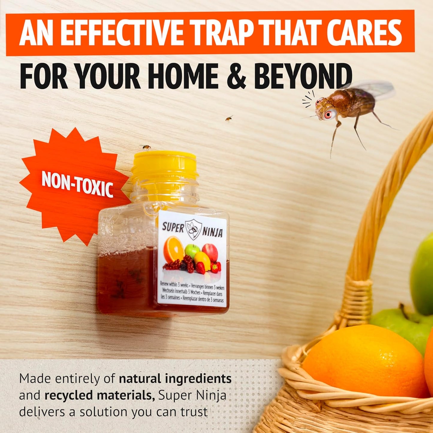 Super Ninja Fruit Fly Traps - Highly Effective Indoor Fruit Fly Catcher | 4 Pack, Kid & Pet Friendly