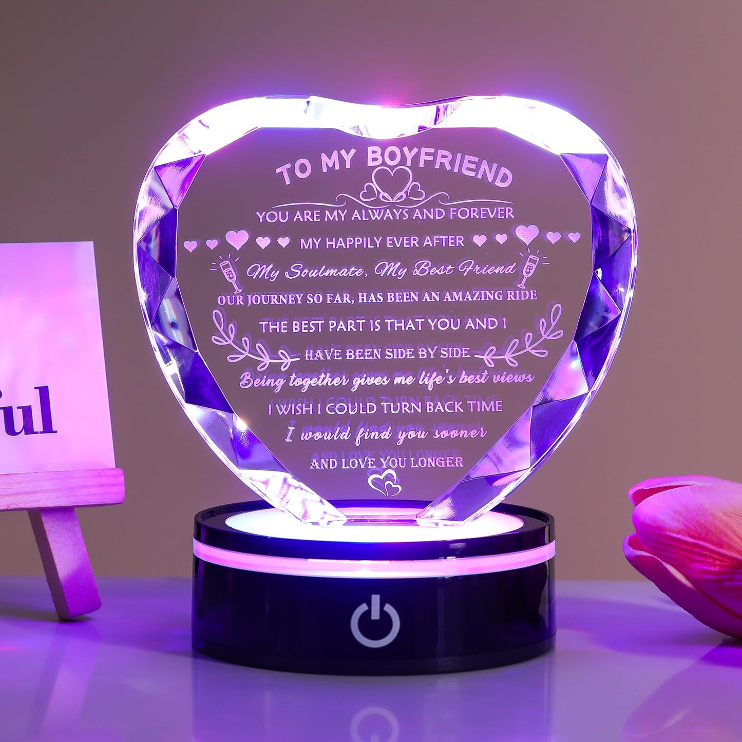 YWHL Gifts for Boyfriend with Colorful LED Base Unique Boyfriend Birthday Gift Ideas from Girlfriend Romantic Heart Crystal Keepsakes to My Boyfriend Gifts for Anniversary Christmas Valentine Day
